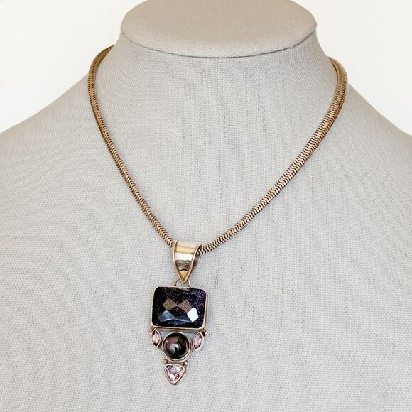 Multi Gem w Forstner Sterling Silver Choker Blue Goldstone Blck Pearl Amethyst - Picture 4 of 11